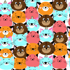 Funny multicolored  head of cats in kawaii style on a white background seamless pattern for children