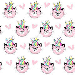 Funny unicorn head and heart on a white background seamless pattern