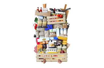 A huge pile of food stacked on a wooden crate. Food concept.