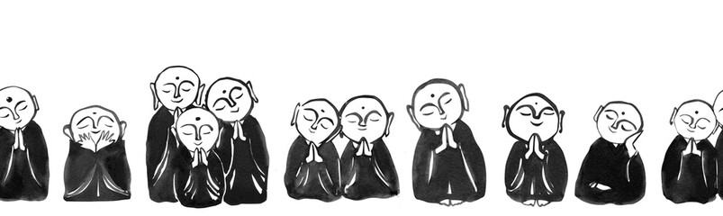 Seamless horizontal pattern with small japanese boddhisattvas Jizo. Traditional Japanese ink wash painting sumi-e.