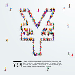 Yen Sign. Large group of people form to create Japanese yen sign. Vector illustration. Currency of Japan.