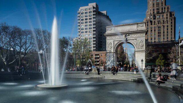 Daylight Timelapse NYU Student and Tourist Sitting and Relaxing around Fountain in Washington Square Park Lower Manhattan