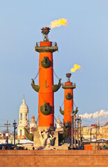 Saint Petersburg in winter cold day.  Fire on the Rostral Columns on Vasilevskiy Island in the Christmas holidays
