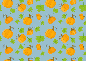 Seamless singing pattern with pumpkins on a blue background.