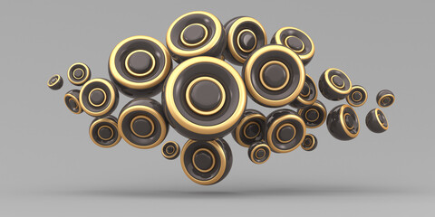 Abstraction illustration. Abstract black spheres with gold decoration on a gray background. 3d render illustration. Illustration for advertising.
