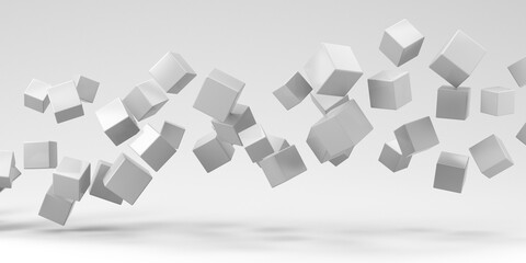 Abstraction illustration. Flying cubes on a white background. 3d render.