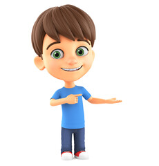 Cheerful smiling cartoon character little boy points to empty hand on white background. 3d render illustration for advertising.