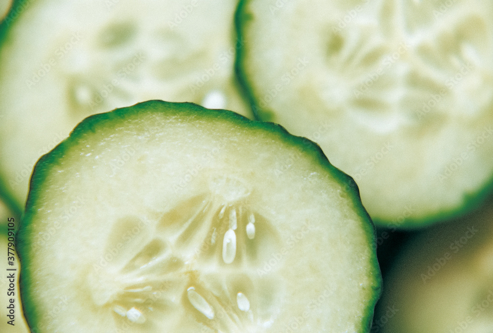 Sticker Juicy slices of fresh cucumber harvest macro