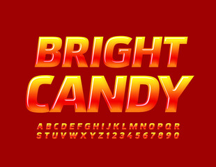 Vector tasty logo Bright Candy. Red and Yellow Glossy Font. Creative Alphabet Letters and Numbers set