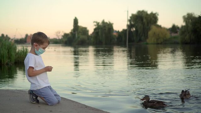 A boy in a medical mask feeds ducks on a lake