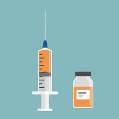 Vector syringe for vaccine injection.Syringe and vaccine bottle illustration with flat design concept.