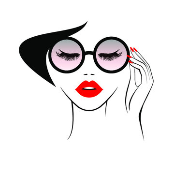 Fashion woman in stylish vintage sunglasses, hand wit red nails, red lips, print pattern for t-shirt, abstract wallpaper background. Beauty logo. Vector illustration.