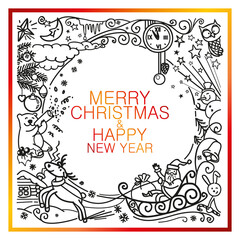 "Merry Christmas and Happy New Year" greeting card hand drawn concept design. Main holiday attributes as Santa Claus and reindeer, Christmas tree and toys, fireworks, snowflakes, snowman and etc