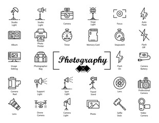 Photographer studio vector Icon set, 
Video Production Equipment Design, Filmmaking Gear Set, essential vlogging kit on white background