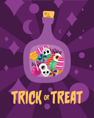 Trick or treat candies inside bottle vector design