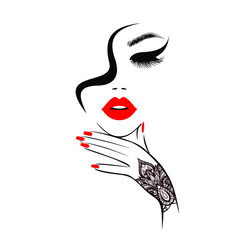 Beautiful woman face red lips, hand in black glove with red manicure nails. Beauty Logo. Vector illustration, retro hair style, spa salon, sign, symbol, nails studio.