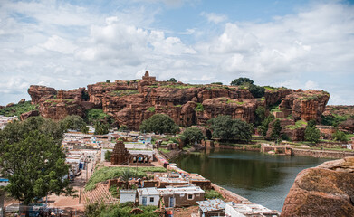 Fototapeta na wymiar Landscape view of badami templees and caves on red sandstone hills.
