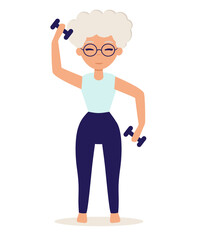 Senior woman goes in for sports.  Vector illustration in flat style. An elderly woman lifting a pair of dumbbells. Old woman leads an active lifestyle.