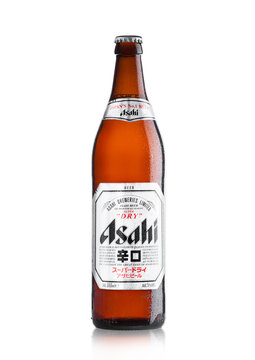 LONDON, UK - MARCH 15, 2017: Bottle of Asahi Lager beer on white background, Made by Asahi Breweries, Ltd in Japan since 1889