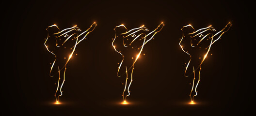Silhouette of three ballerinas, dancers in movement on pointe and in packs, tutu. Drawn by hand with a tracings of golden color with light on a black background. Both arms and a leg lifted up. Logos. © Yurii