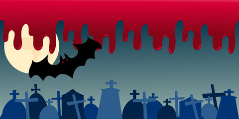 Halloween background with bat, blood and cemetery vector banner card