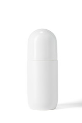 One white plastic roll on antiperspirant deodorant bottle with classic round cap on white background. Screw top overcap, frosted roller ball. Blank mock-up for product design and packagin, no label.