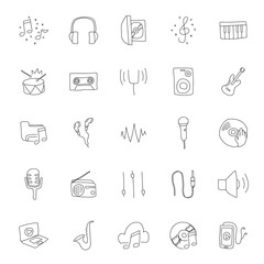 music hand drawn linear doodles isolated on white background. music icon set for web and ui design, mobile apps and print products