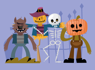 Halloween werewolf scarecrow skull and pumpkin cartoons vector design