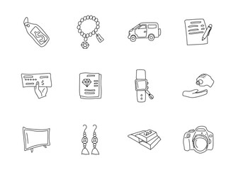 pawnshop doodles isolated on white. pawnshop icon set for web design, user interface, mobile apps and print