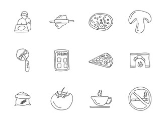 pizzeria hand drawn linear vector icons isolated on white background. pizzeria doodle icon set for web and ui design, mobile apps and print products