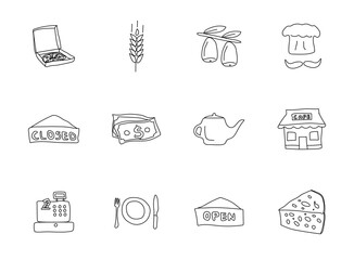 pizzeria doodles isolated on white. pizzeria icon set for web design, user interface, mobile apps and print