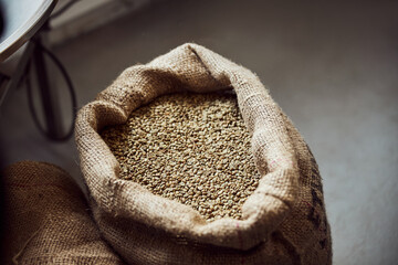Burlap sack with green arabica coffee beans - obrazy, fototapety, plakaty