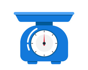 Kitchen scales illustration. Blue scales in flat style. Measurement device.