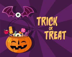 Trick or treat candies inside pumpkin with eye bat vector design
