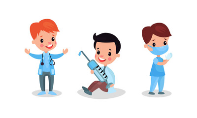 Cheerful Boys Playing Doctor and Nurse Vector Illustration Set
