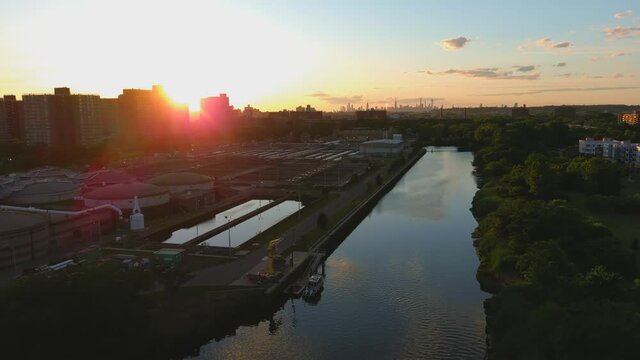 Aerial Sunset View of a Industrial Waste Water Plant in Brooklyn