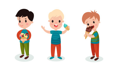 Happy Boys Standing and Holding Ice Cream Waffle Cone Vector Illustration Set