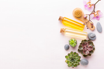 Spa background with handmade bio cosmetic and  cactus composition, flat lay, space for a text - Image.