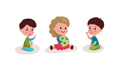 Little Kids Sitting on Floor and Playing with Alphabet Characters Vector Illustration Set