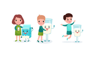 Cute Boy and Girl Characters Playing with Humanized Milk Carton and Glass Vector Illustration Set