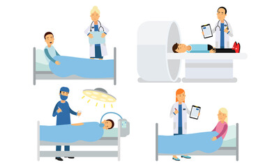 Doctor Characters in White Coats Examining and Checking up the Patients Vector Illustration Set