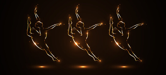 Silhouette of three ballerinas, dancers in movement on pointe and in packs, tutu. Drawn by hand with a stroke of golden color with light on a black background. Performance in the theater. Vector. © Yurii