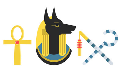Egypt Attributes with Anubis Head and Ankh Vector Set