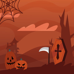 Halloween pumpkins cartoons and coffin vector design