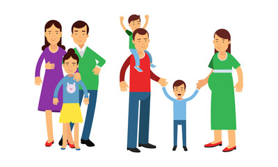 Obraz premium Family Members Walking and Spending Time Together Vector Illustration Set