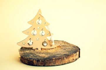 new year ecological concept. Christmas tree toy in the form of a tree grows from a pine mug  decorated with tinsel