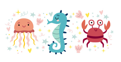 Underwater cute animals. Pink jellyfish, blue seahorse and red crab.Fashion child vector. Cool  simple illustration for t-shirt, kids apparel and summer design.