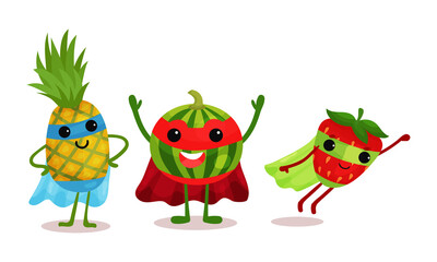Funny Fruits Wearing Superhero Cloak Vector Illustration Set