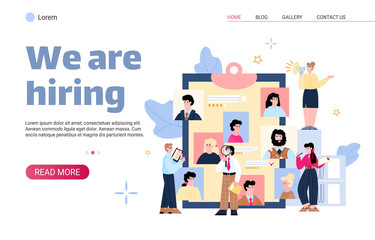 Fototapeta na wymiar We are hiring web banner template with cartoon HR managers looking at candidates' resumes, flat cartoon vector illustration. Recruiting and starting career website.
