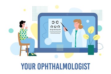 Vector flat illustration of a patient with glasses checking their vision and doctor ophthalmologist. Concept of medical examination and consultation online. Healthy lifestyle
